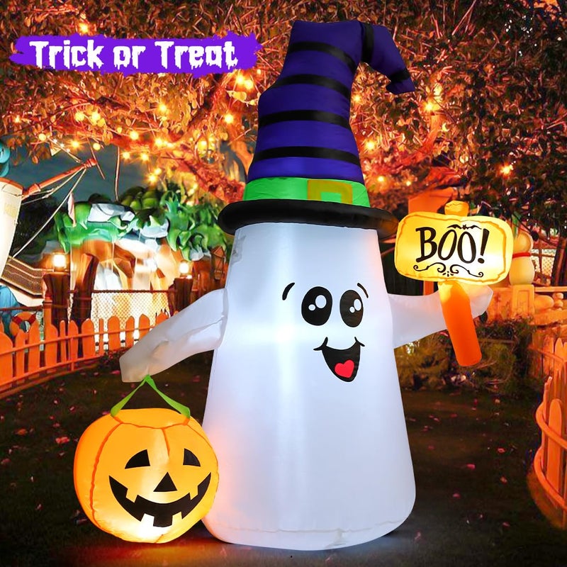 GOOSH 5 FT Halloween Inflatables Ghost Outdoor Decorations Blow Up Yard Cute Wizard Ghost with Pumpkin with Built-in LEDs for Garden Lawn Indoor Party Holiday Decor - Image 2